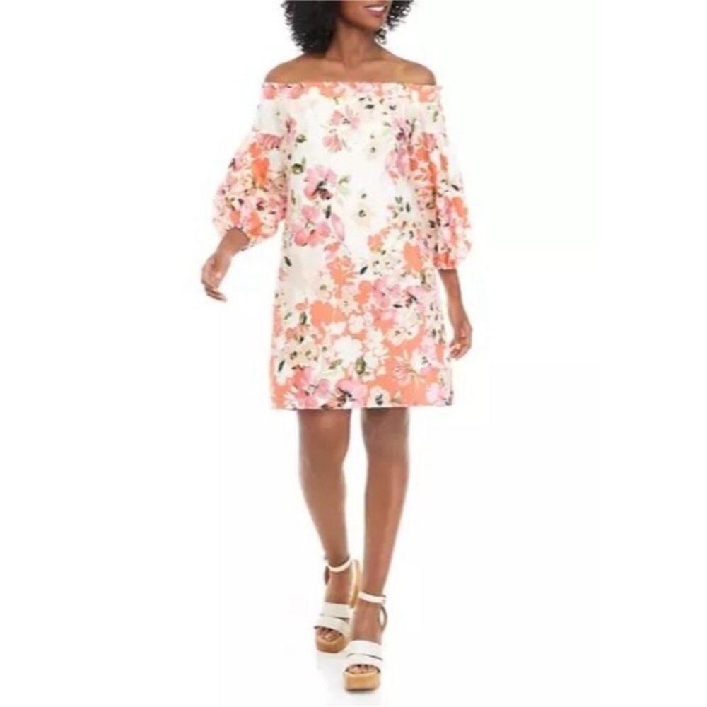 Vince Camuto sz 6 ladies off the shoulder linen blend Floral minidress sundress